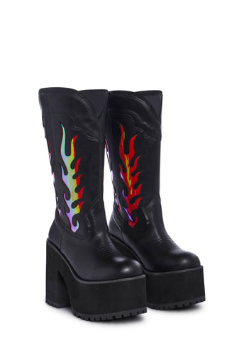 Bad B Flame Cowboy Boots - Black/Red