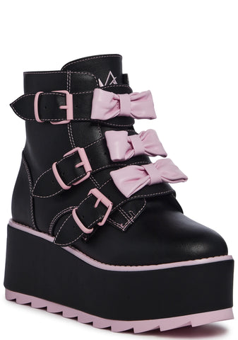 Halo Bow Ankle Boots - Black/Pink