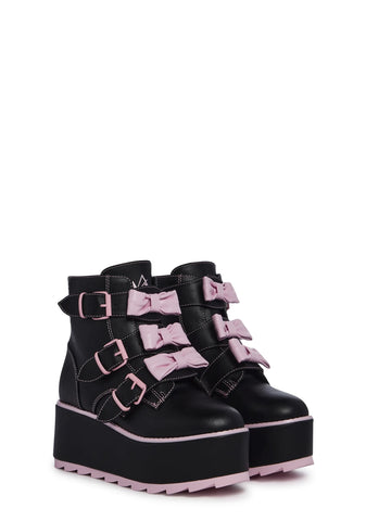 Halo Bow Ankle Boots - Black/Pink
