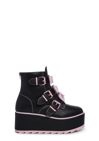 Halo Bow Ankle Boots - Black/Pink