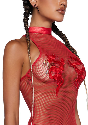 Bad Luck Dragon Fishnet Bodysuit - Red