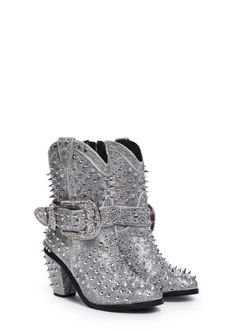Spiked Sheriff Shine Cowboy Boots - Silver