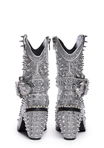 Spiked Sheriff Shine Cowboy Boots - Silver