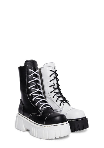 Devil Games Mismatched Combat Boots - Black/White