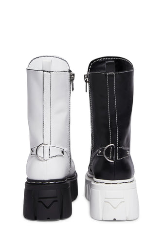 Devil Games Mismatched Combat Boots - Black/White