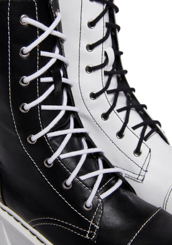 Devil Games Mismatched Combat Boots - Black/White