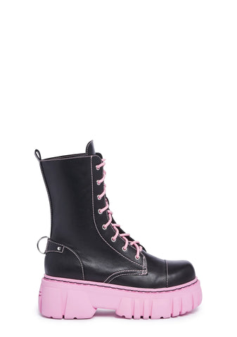 Devil Games Mismatched Combat Boots - Black/Pink