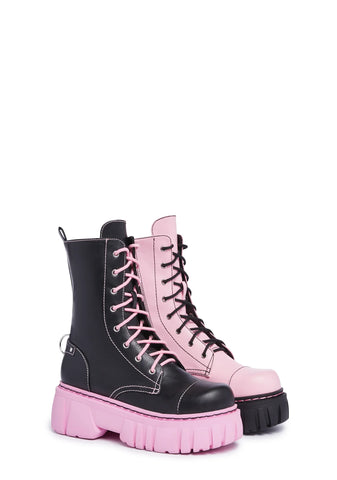 Devil Games Mismatched Combat Boots - Black/Pink