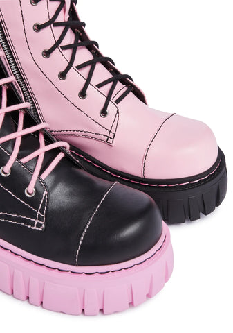 Devil Games Mismatched Combat Boots - Black/Pink
