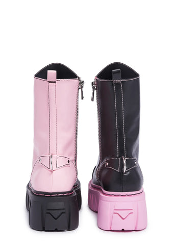 Devil Games Mismatched Combat Boots - Black/Pink