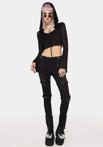 Black Gothic Hole Daily Short Hooded Jacket