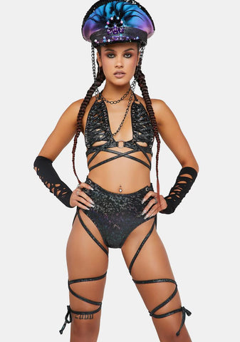 Black Broken Lace-Up Metallic High-Cut Shorts