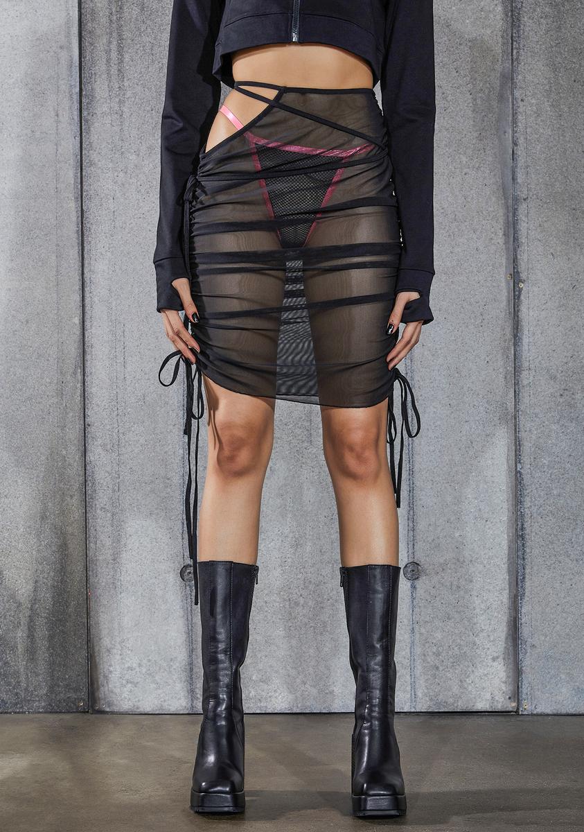 Snare Ruched Mesh Cut-Out Midi Skirt