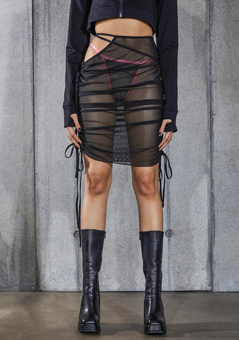 Snare Ruched Mesh Cut-Out Midi Skirt