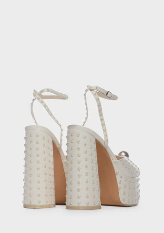 Ecru Mia Satin Pearl Platform Heels