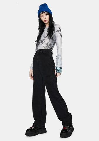 Washed Black Wide Leg Cargo Jeans