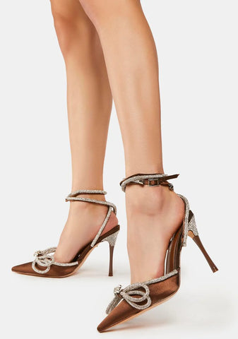 Chocolate Satin Midnight Wrap Around Diamante Bow Heels