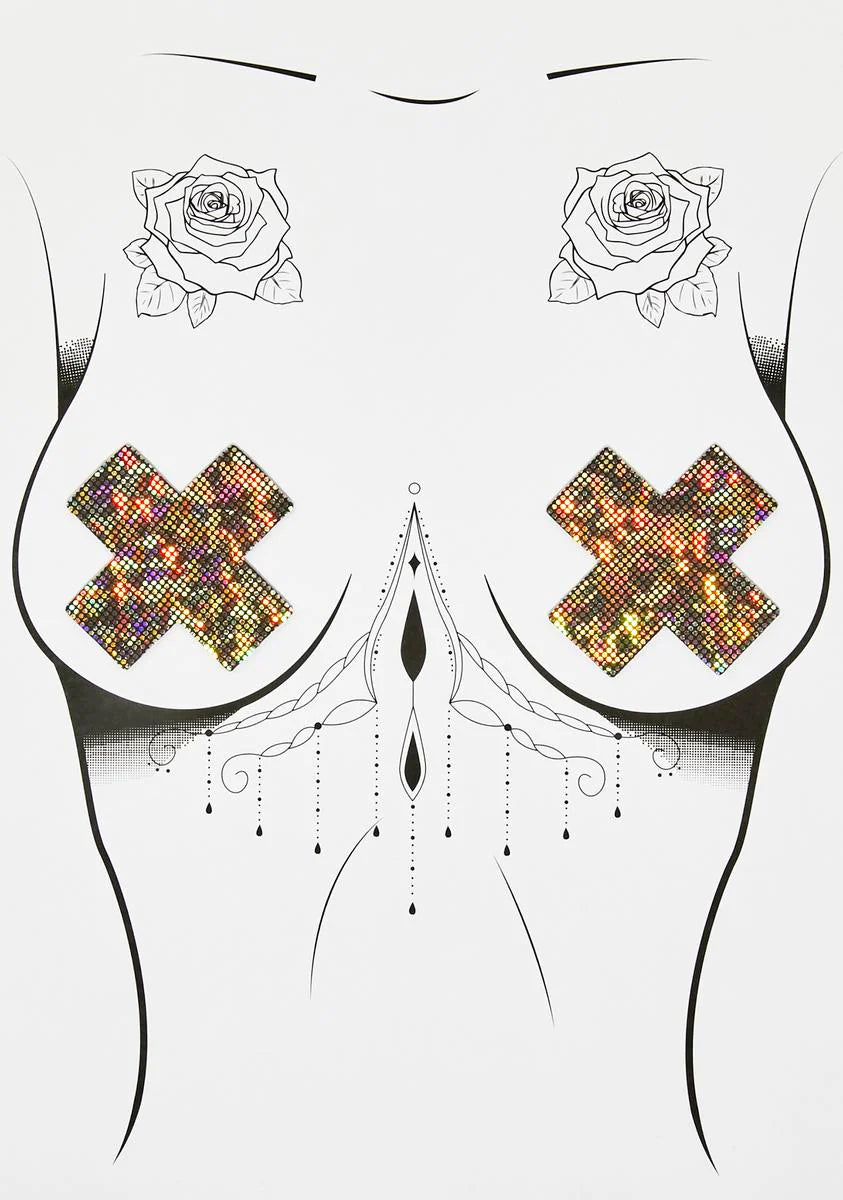 Silver Shattered Glass Disco Ball Glitter Cross Pasties