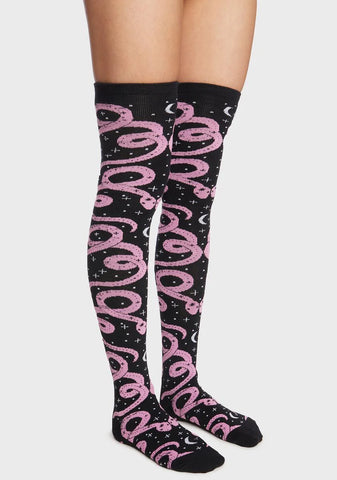 Snake And Moon Thigh High Socks