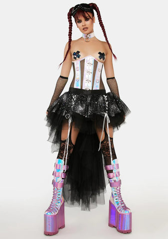 Top Drawer Holographic & Fishnet Steel Boned Under Bust Corset