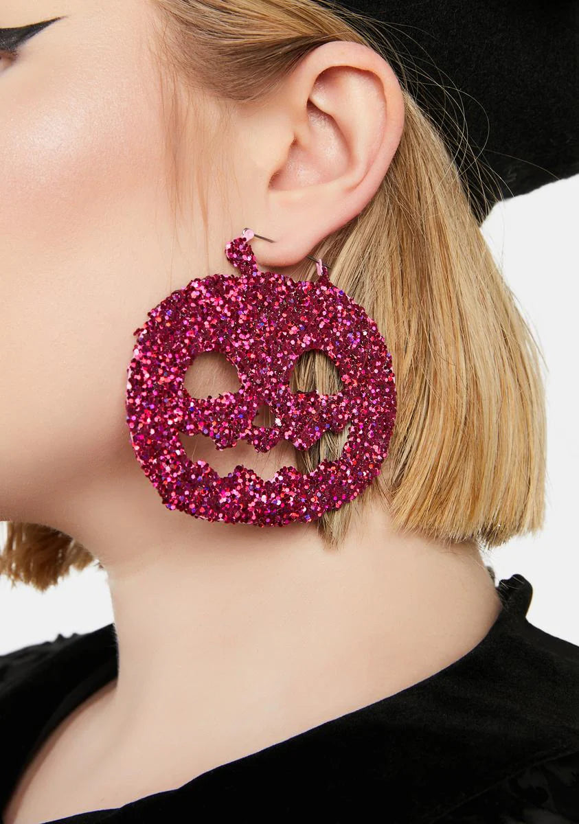 Pink Glitter Pumpkin Hoop Earrings