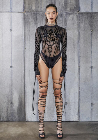 Snare Tattoo Print Mesh Bodysuit