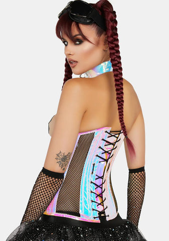 Top Drawer Holographic & Fishnet Steel Boned Under Bust Corset