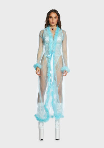 Turquoise Mistress In Marabou Long Robe