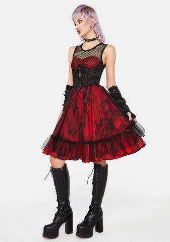 Black And Red Dark Mesh Spliced Woven Dress