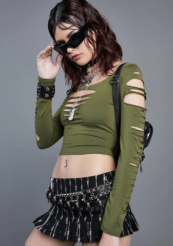 Olive New Skin Shredded Crop Top