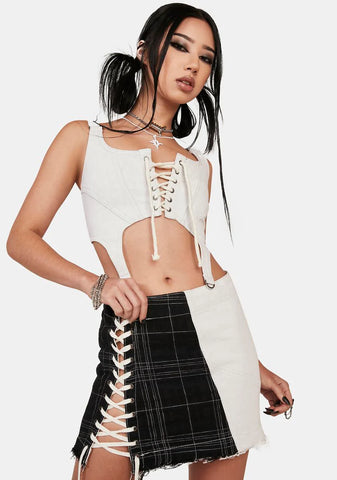 Distortion Patchwork Lace-Up Skirt
