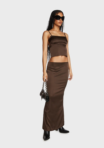 Satin Low Rise Back Slit Maxi Skirt