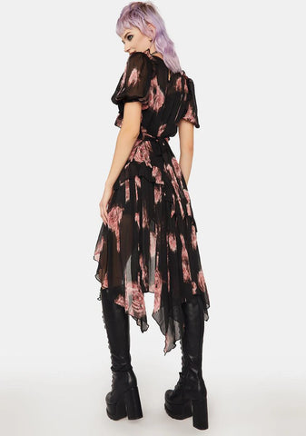 Grunge Irregular Floral Printed Ruffled Dress