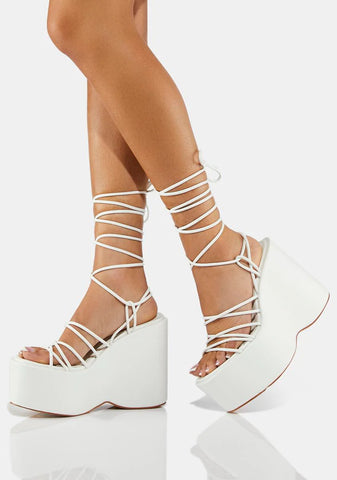 White Nolia Lace Up Platform Wedges
