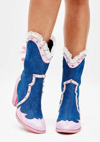 Tickled Pink Denim Cowboy Boots