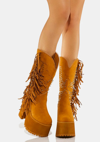 Tan Bad Bitch Fringe Cowboy Boots