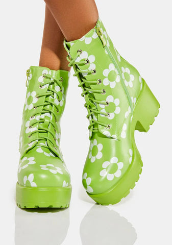 Orchis Charm Green Flower Power Combat Boots