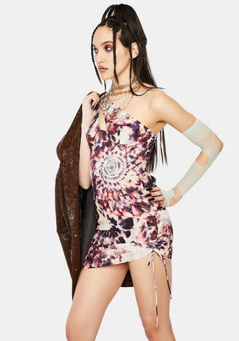 Tie Dye Print One Shoulder Ruched Mini Dress