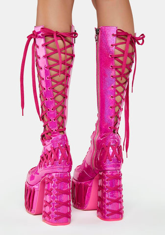 Rude Awakening Lace-Up Boots - Pink Glitter