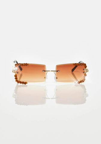 Brown Rimless Revival Rhinestone Sunglasses
