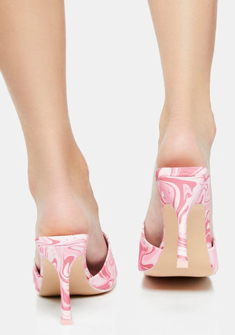 Pink Swirl Print Squared Toe Heeled Mules