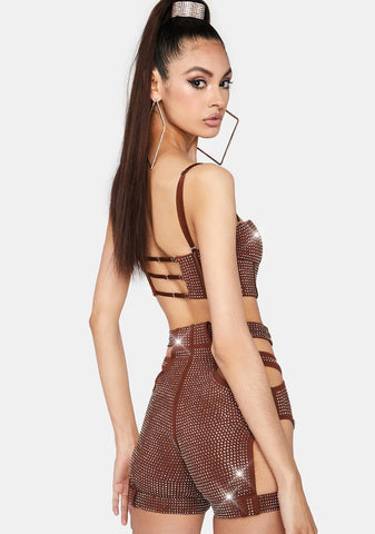 Brown Morph Rhinestone Cut-Out Shorts