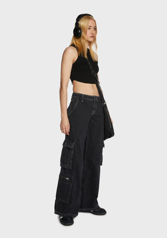 Low Rise Puddle Cargo Jeans - Black