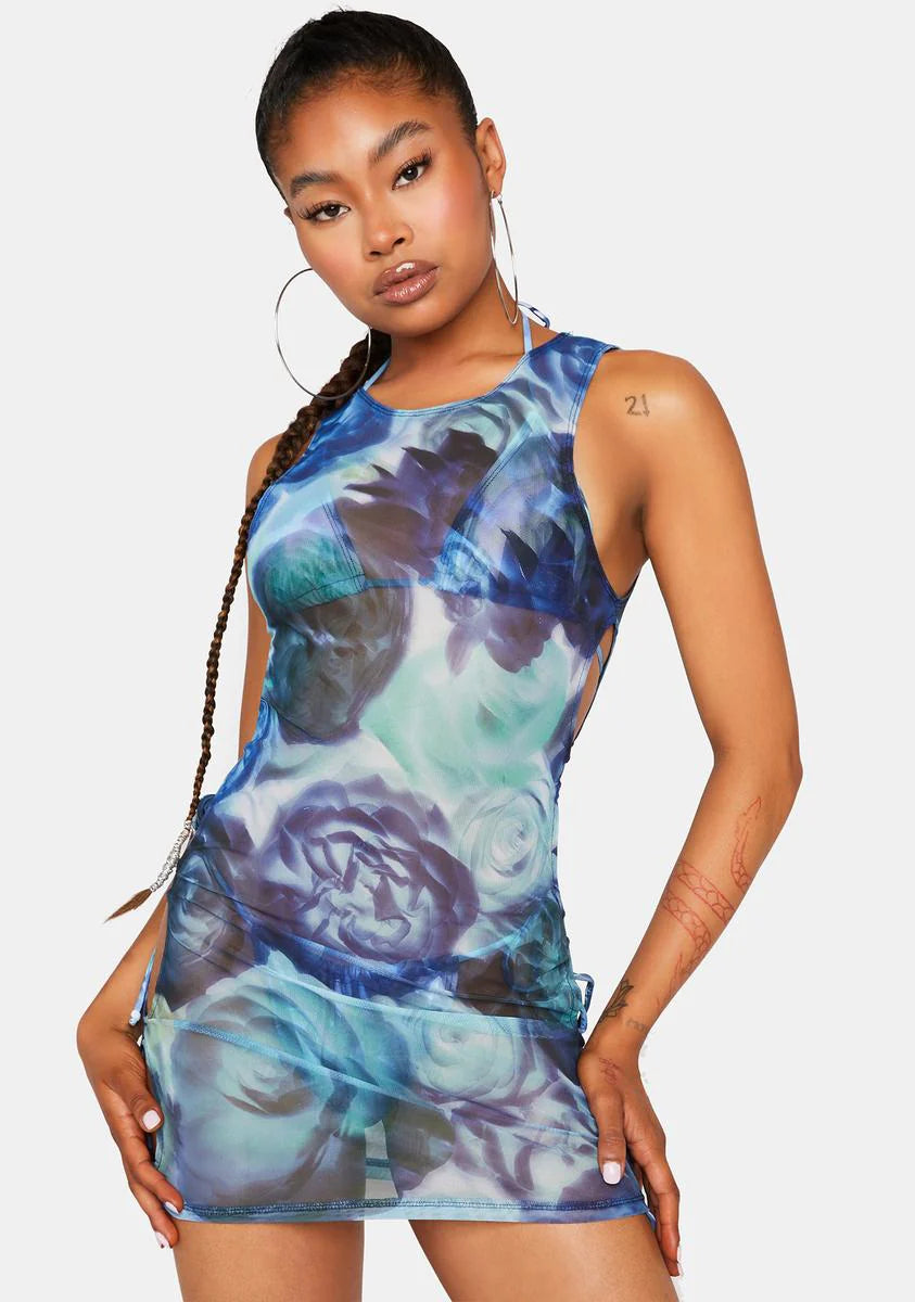 Abstract Floral Blue Ardice Cover Up Dress