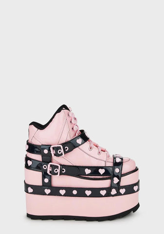 Qozmo Bondage Platform Sneakers - Pink/Black Hearts