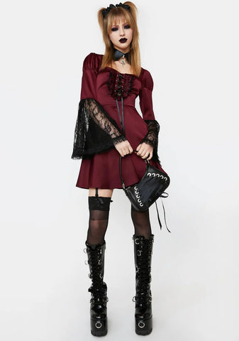 Burgundy Mini Dress With Lace Sleeves