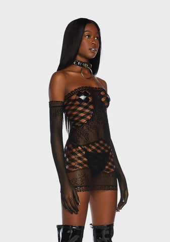 Midnight Finally Playtime Bodystocking Dress With Gloves