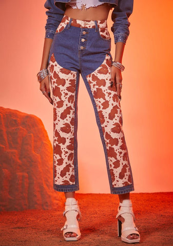 Classy In Cow Print Cropped Denim Jeans