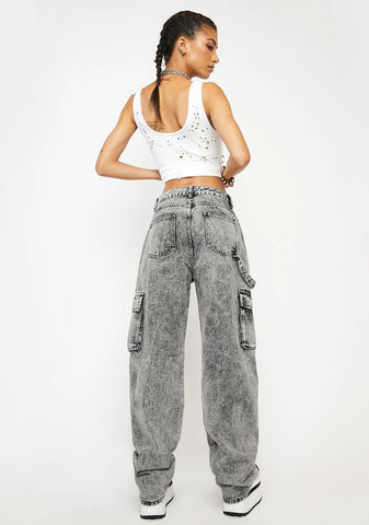 Washed Grey Low Rise Baggy Wide Leg Jeans
