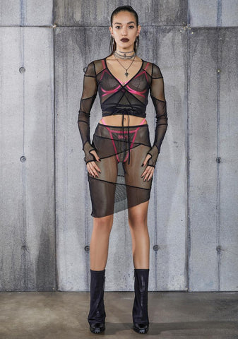 Snare Fishnet And Mesh Patchwork Wrap Top
